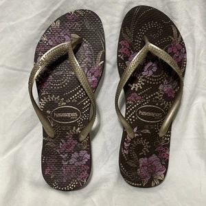 Havaianas Slim Brown & Purple Floral Flip Flops Thong 4/5 EUR 37/38 35-36 - Picture 1 of 6