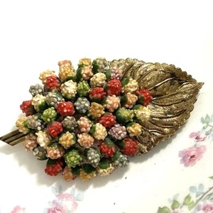 VTG Czech Brooch Stamped Brass Celluloid Enamel Berry Clusters Unusual READ - Picture 1 of 7