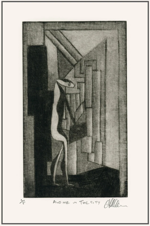 Caminando sola persona. Paisaje urbano. MEZZOTINT Modernista Original Firmado Foto 1 de 1