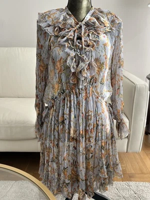 Authentic Zimmermann Painted Heart Ruffle Mini Dress Blue Yellow Floral Silk Sz0 - Image 1 of 4