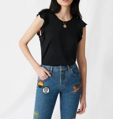 Maje Women's T-Shirt Size 3/L Ruffle Sleeve Black Preppy Boho Chic Casual Summer - Image 1 of 4