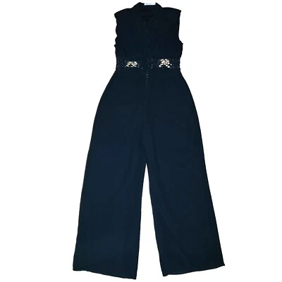 Macacão T Alexander Wang pequeno preto crepe sem mangas botão frontal inserção de renda - Imagem 1 de 4