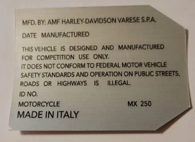 MX250 AMF Harley-Davidson MX Hecho en Italia Identificación Vin Calcomanía para Marco con Tu Información Foto 1 de 2