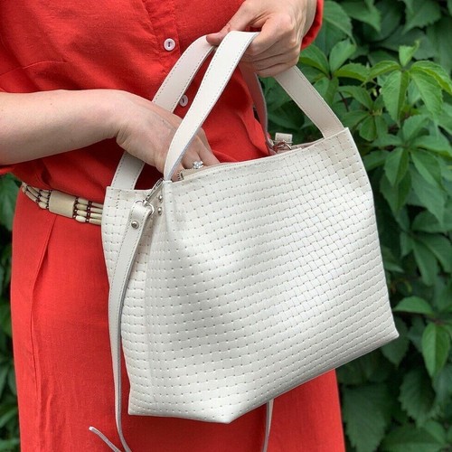 COACH Borsa a mano in vera pelle intrecciata per donna avorio borsa a tracolla mini borsa tote in rilievo