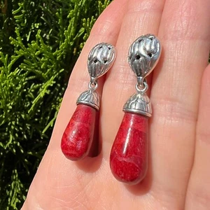 Vintage Red Jasper Stone Earrings Marked 925 Sterling Silver Women Boho Jewelry - Picture 1 of 7