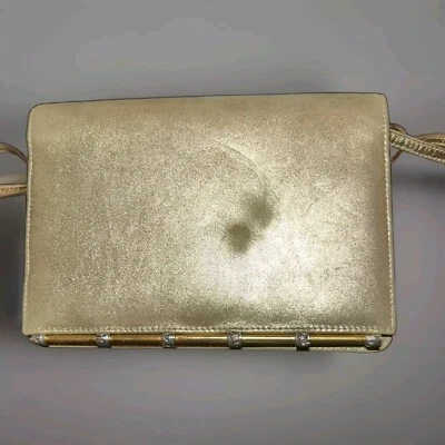 Bolso sin asas Rodo dorado metálico, bandolera correa 8"x4" 22". Pequeña mancha Italia Foto 1 de 4