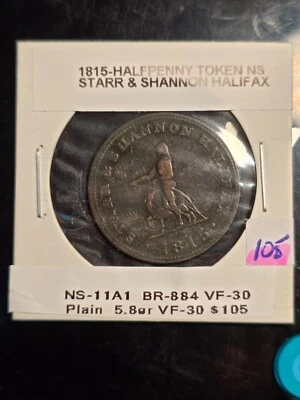 1815 CANADA NOVA SCOTIA COLONIAL TOKEN 1/2 PENNY NS-11A1 BR-884 VF-30 IMO - Image 1 of 3