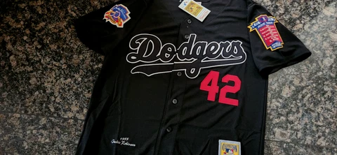 NEW! BLACK! LA Dodgers #42 Jackie Robinson 2patch sewn SPECIAL EDITION Jersey LG Cover