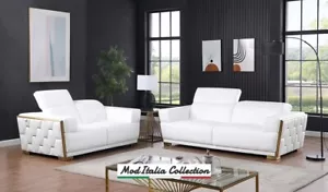 GENUINE Italian Leather White Gold 2PC Sofa Loveseat Contemporary Living Room - Picture 1 of 7