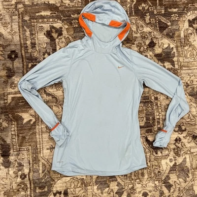 Camisa feminina Nike corrida com capuz bebê azul e laranja tamanho pequeno manga longa - Imagem 1 de 4