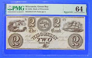 1830's $2 Bank of Wisconsin Green Bay Obsolete PMG 64 Choice Unc Beautiful Rare - Photo 1/2
