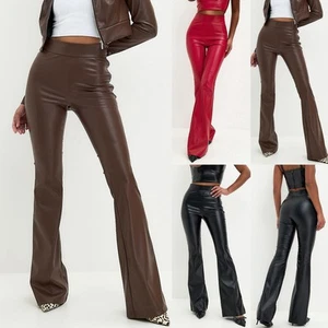 Ladies Faux Leather Pants High Waist Wet Look Slim Flared Trousers Winter Party - Picture 1 of 20