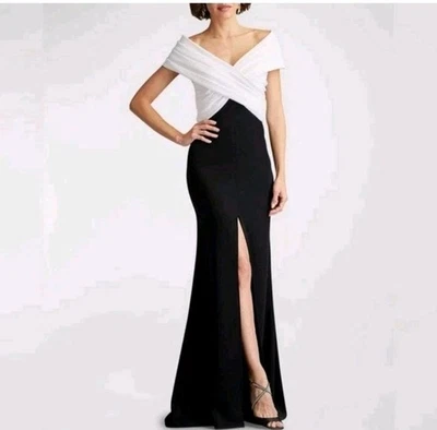 Nuevo con etiquetas Vestido Tadashi Shoji Benz Plisado Dos Tonos Hombro Descubierto Negro Blanco Talla XS Foto 1 de 4