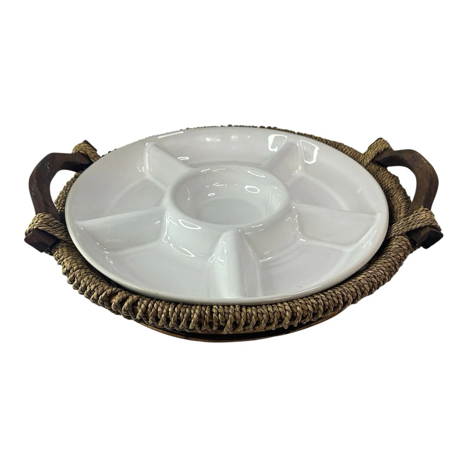Vintage Porcelain 6-Section Vegetable & Dip Bowl Woven Basket & Wooden Handles - Image 1 of 4