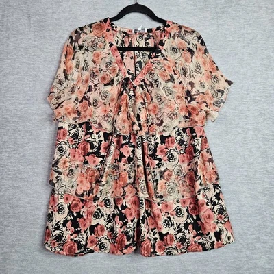 Blusa para mujer Lucky Brand con volantes estampada rosa con cordones en capas talla 1X Foto 1 de 4