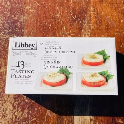 13 pc Libbey APPETIZER TASTING PLATES White Ceramic Square 4" X 4" + Recipe NIB - Image 1 of 4