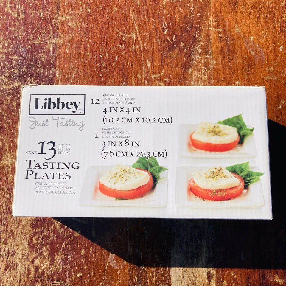 13 pc Libbey APPETIZER TASTING PLATES White Ceramic Square 4" X 4" + Recipe NIB - Image 1 of 4