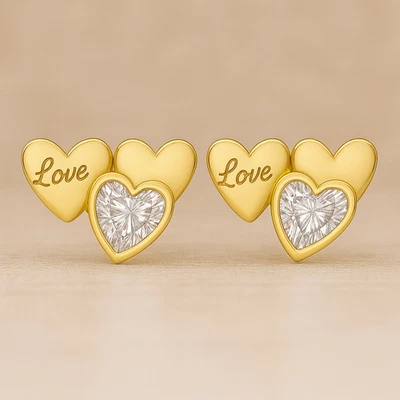 Aretes solitarios de oro amarillo de 9 quilates con doble corte de corazón de 6 mm y 4 mm Foto 1 de 4
