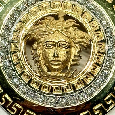 14K желтое золото и 32 бриллианта медуза круглый кулон греческий ключ дизайнерский винтажный - Изображение 1 из 4