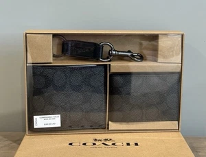 COACH CW344 Boxed 3-In-1 Wallet Gift Set w/Trigger Valet Key Fob Charcoal/Black - Picture 1 of 11