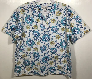 Scrub Top womens size S Small natural uniforms Hawaiian hibiscus flowers - Picture 1 of 4