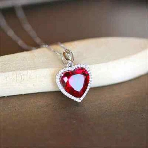 3CT Red Ruby & Diamond Heart Pendant Necklace 14K White Gold Plated Lab Created - Picture 1 of 11