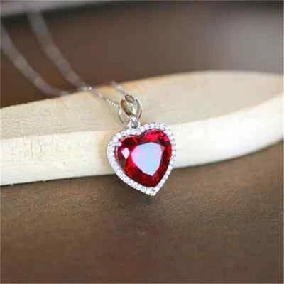 3CT Red Ruby & Diamond Heart Pendant Necklace 14K White Gold Plated Lab Created - Image 1 of 4