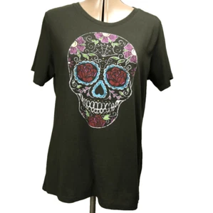 Sugar Skull Floral Metallic Accent Short Sleeve Tee Celebrate Halloween L 12/14 - Picture 1 of 23