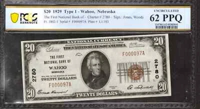 1929 $20 FIRST NATIONAL BANKNOTE CURRENCY WAHOO NEBRASKA PCGS UNC 62 PPQ (097A) - Image 1 of 2