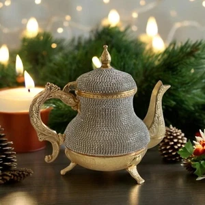 Turkish Handmade Swarovski Crystals Coated Copper Teapot Home Decor Gold Color - Picture 1 of 4