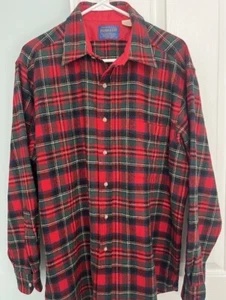Pendleton Flannel Shirt Large Vintage RED Tartan Plaid 100% Virgin Wool USA L - Picture 1 of 12