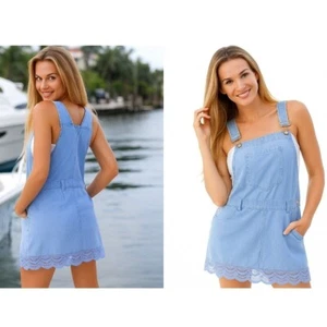 GIOCAM Overall solid Light Jean & Gold  Buttons Crochet Hem Dress Plus Size M - Picture 1 of 9