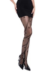 Collants fantaisie femme voile noir motifs coeurs taille unique lingerie sexy - Imagen 1 de 1