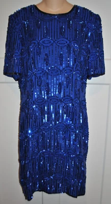 STENAY | Vintage VTG Royal Blue 100% Silk Sequin Beaded Cocktail Party Dress 12 - Image 1 of 4