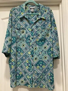 Catherine's Women's Plus SZ 2X Blue Foral Button Casual Travel Shirt - Picture 1 of 15