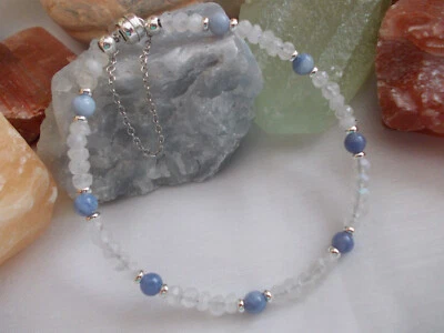 Regenbogen-Mondstein, Aquamarin-Armband, 3,5mm fac. Rondelle, 4mm Kugel, 19cm - Bild 1 von 3