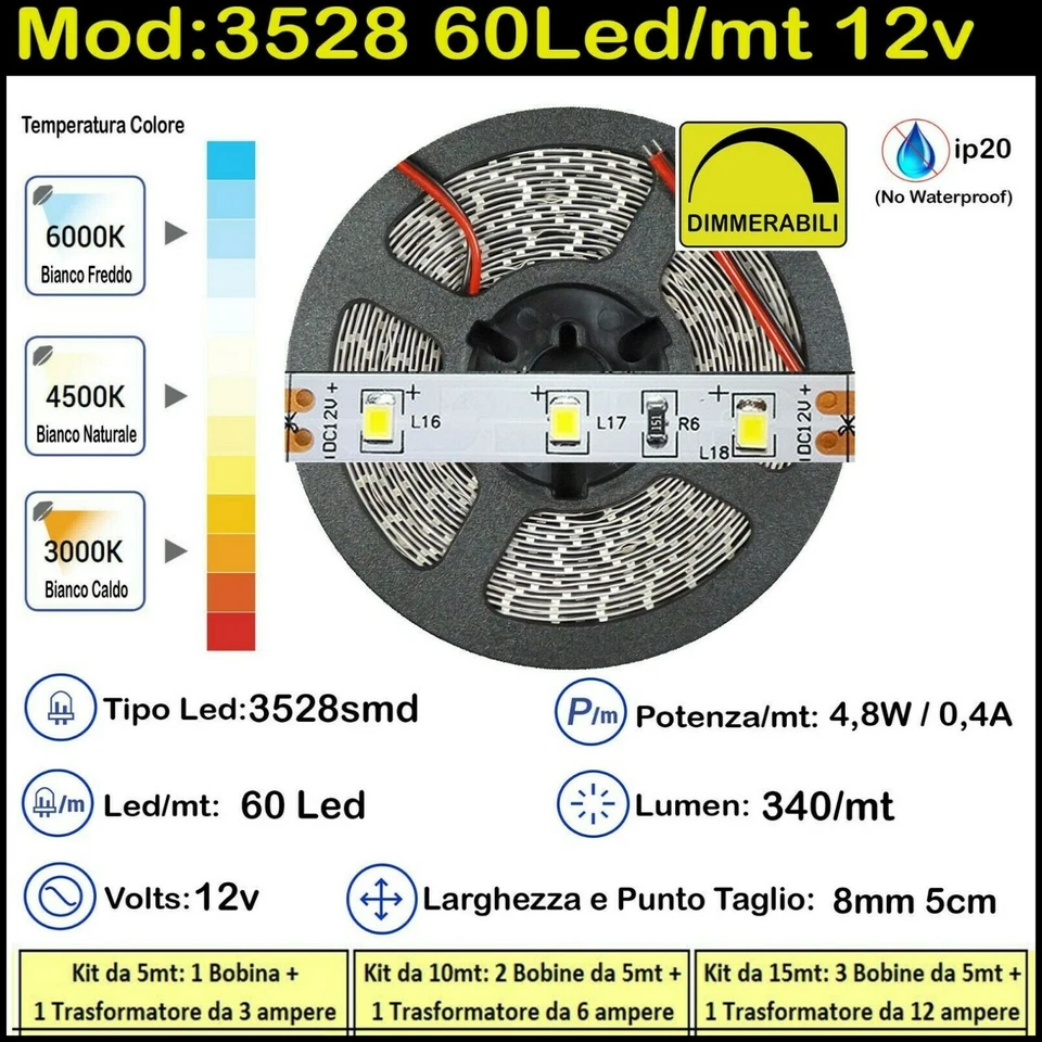 Striscia Led 4.8 Watt, 12 Volt Bianche 3528 60 Led/mt Kit 5/10/15m Strip 4.8w 12 - Immagine 1 di 1