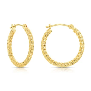 14K Real Solid Yellow Gold Twist Spiral Diamond-Cut Round Hoops Earrings 18mm - Picture 1 of 9