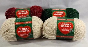 Red Heart Holiday Yarn Lot of 4 Skeins Red Green Cream Shimmer 3.5 oz Worsted 4 - Picture 1 of 8