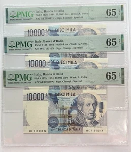 3 Consecutive Serial Numbered Italy 10000 Lire 1984 P 112 d Gem UNC PMG 65 EPQ - Picture 1 of 2