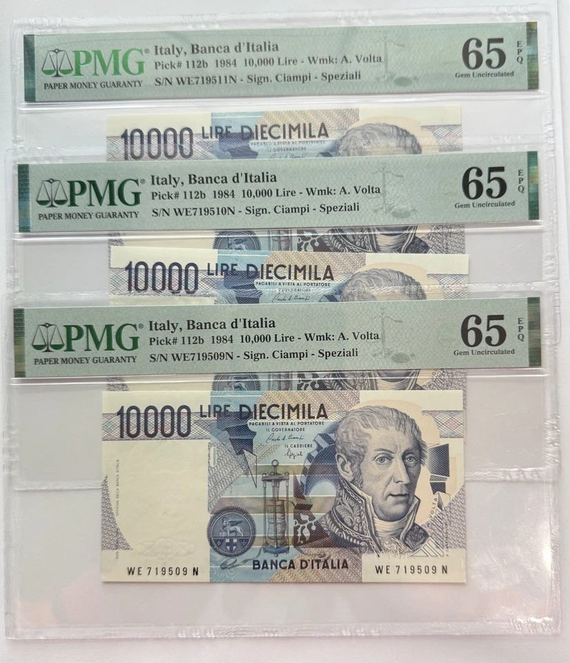 3 Consecutive Serial Numbered Italy 10000 Lire 1984 P 112 d Gem UNC PMG 65 EPQ - Image 1 of 2