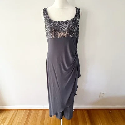 Vintage Womens Sequin Ruffle Maxi Dress Size 10P Glam Prom Evening Event Gray - Image 1 of 4