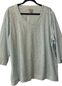 Chicos Neu mit Etikett Slub Baumwolle V-Ausschnitt T-Shirt weiß blau Streifen Chicos 4 20W 22W - Bild 1 von 8