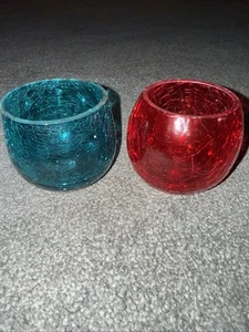Set Of 2 Vintage Crackle Glass Red Round & Blue Candle Holder - Picture 1 of 13