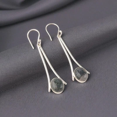 Ювелирные серьги ручной работы из стерлингового серебра 925 пробы с натуральным мхом агатом 2,63 дюйма - Изображение 1 из 4