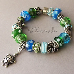 Turtle Island European Style Charm Bracelet - Green Turquoise Blue Glass Beads - Picture 1 of 12
