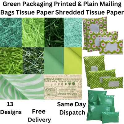 PURELY PACKAGING Tissue Paper Green Coloured Printed & Plain Mailing Bags ,Shredded Paper