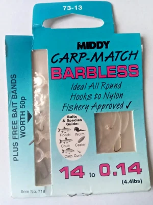 MIDDY TACKLE Middy Carp-Match Barbless Haken Größe 20 bis 0,10 mm 2,6 Pfund mit Köderbändern
