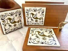 Vtg Mid Century Wooden & Ceramic Tile White Gold Dove Bird 3 Pc Desk Office Set