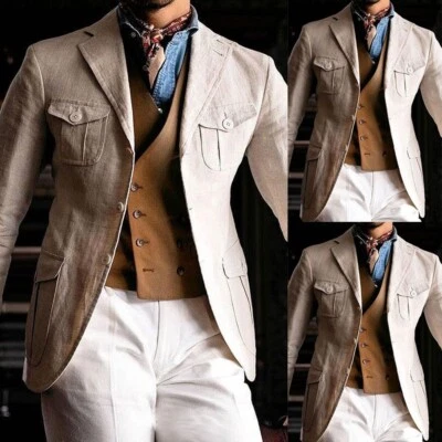 Trajes de lino Kahki para hombre Chaqueta de safari Informal Exterior Caza Abrigo Pantalón Calce ajustado Foto 1 de 4